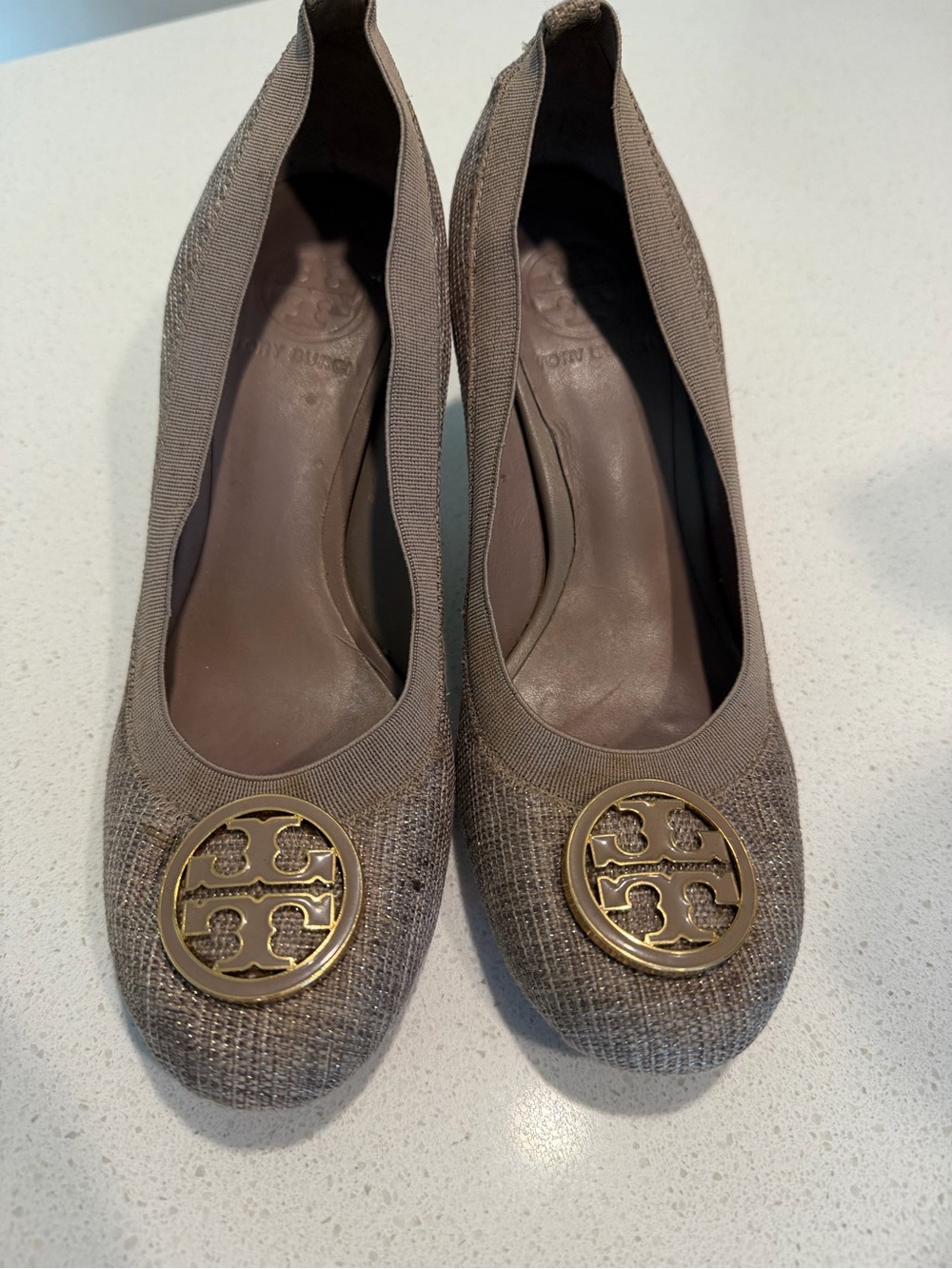 Tory Burch Taupe Knit Flats with Gold Logo Medallion